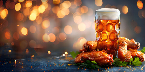 Fried chicken with  frothy beer refreshment and festive celebration golden lights blur background  
 