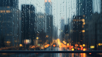 A view of a city street through a rain covered window 

