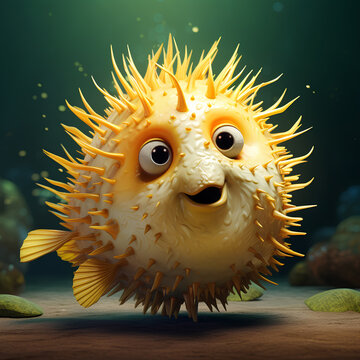 Cute cross-eyed pufferfish with yellow body on the seabed - Format 1:1