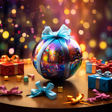 Light colorful ball with ribbon and bow on a birthday table - Format: 1:1