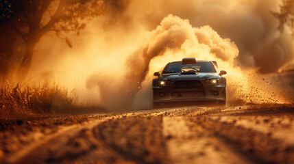 Rally car drifting on a dirt road, dust cloud behind, the thrill of speed - obrazy, fototapety, plakaty