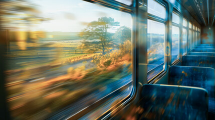 A vibrant sunset captured through the window of a fast-moving train, depicting motion and travel.