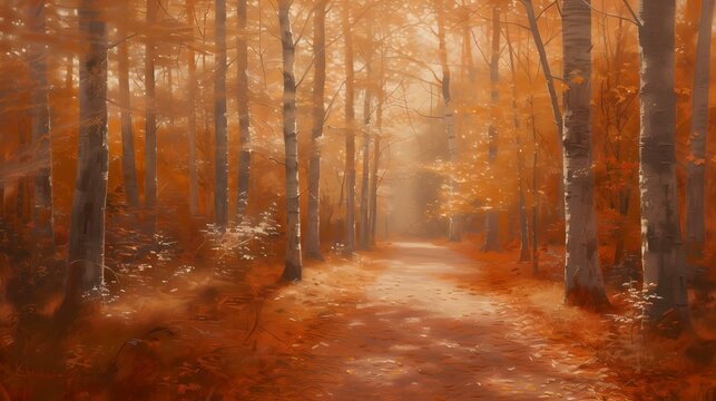 Serene autumn forest pathway amidst golden foliage. a tranquil natural landscape ideal for wall art and backgrounds. AI