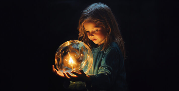 Little girl playing with crystal ball. Magic and fairy tale concept.Little girl in a large glass ball.Little girl holding a crystal ball in her hands on dark background.