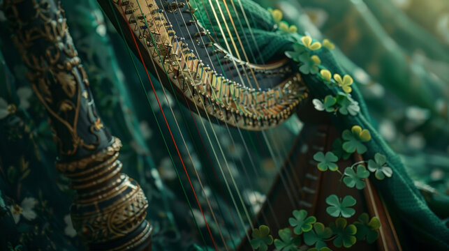 A closeup of a traditional Irish harp adorned with green ribbons and a sprig of lucky fourleaf clovers set against a backdrop of shamrockstudded fabric.