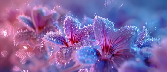 Fototapeta na wymiar Enigmatic Frost: Icy patterns adorn lobelia petals in captivating macro close-up.