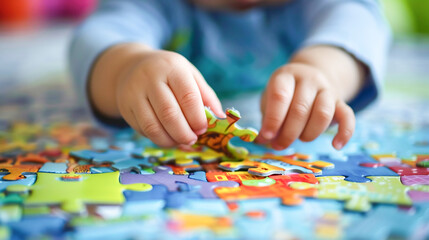 Fototapeta premium Close up of autistic toddler child's hands grabbing colorful jigsaw puzzle piece on floor, playing with concentration and fun