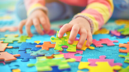 Close up of autistic child's hands grabbing colorful jigsaw puzzle piece on floor, playing with concentration and fun