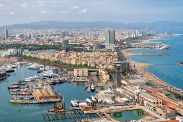 Barcelona aerial panorama, beach with palms, beautiful city by the sea - 742278191