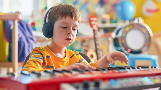An autistic boy wearing headphone, playing red piano keyboard in colorful music therapy classroom with joy and concentration in sunlight from window