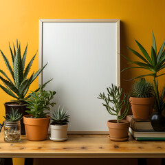 White Photo Frame Mockup on Yellow Wall with Plants in Vases. Blank Poster Frame