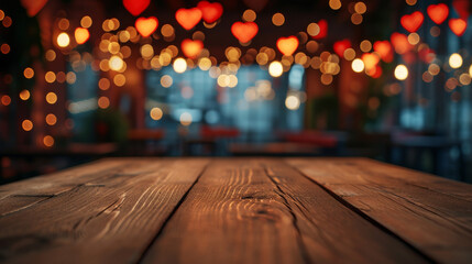 Valentine's Ambiance: Wooden Table with Heart-Shaped Lights
