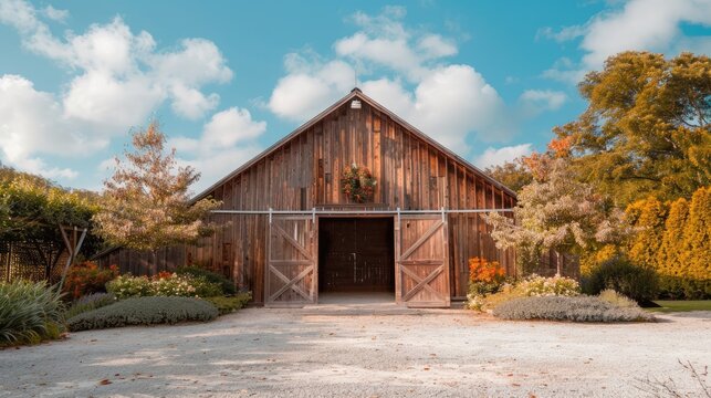 Brown barn on farm landscape