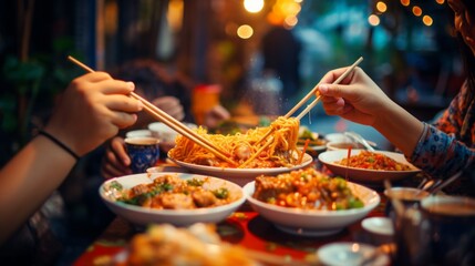 Close-up of young people eating at the table with chopsticks. Meeting friends in a cafe, Delicious gourmet food, Chinese restaurant concepts. - obrazy, fototapety, plakaty