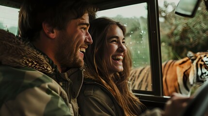 Happy couple enjoying a road trip in their car, smiling and laughing together, capturing the joy of travel. AI