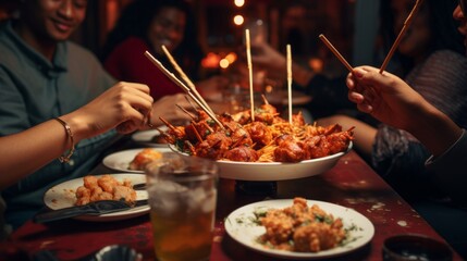 Close-up of young people eating in a Chinese restaurant with chopsticks. Meeting friends in a cafe, Delicious gourmet food concept. - Powered by Adobe