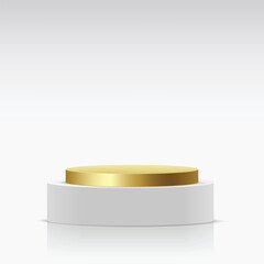 Modern white and gold cylinder pedestal podium. Cosmetic banner display. Vector