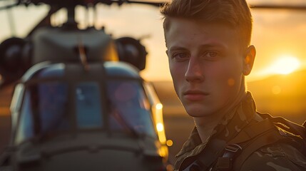 Young pilot posing before helicopter at sunset. confidence and adventure themed professional photo. military style portrait. AI
