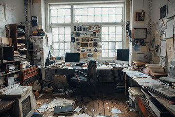 The work space in an office is very cluttered - obrazy, fototapety, plakaty
