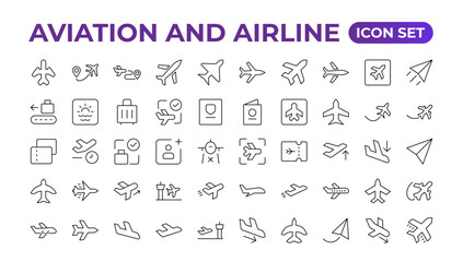 Plane icon collection. Airplane vector. Flight transport symbol. Travel concept.Set of Vector Line icon. It contains symbols of aircraft, Credit Cards, Wallets, Dollars, Money globe. Outline icon set. - obrazy, fototapety, plakaty