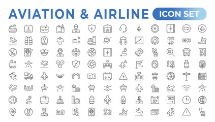 Plane icon collection. Airplane vector. Flight transport symbol. Travel concept.Set of Vector Line icon. It contains symbols of aircraft, Credit Cards, Wallets, Dollars, Money globe. Outline icon set. - obrazy, fototapety, plakaty