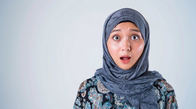 The candid expression of a young Malay Muslim woman with a shocked facial expression, captured her genuine surprise or disbelief. Generative AI technology