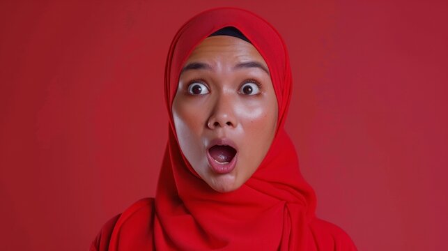 The candid expression of a young Malay Muslim woman with a shocked facial expression, captured her genuine surprise or disbelief. Generative AI technology