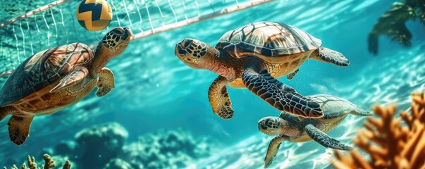 Three turtles swimming in the water near a volleyball net. Generative AI.