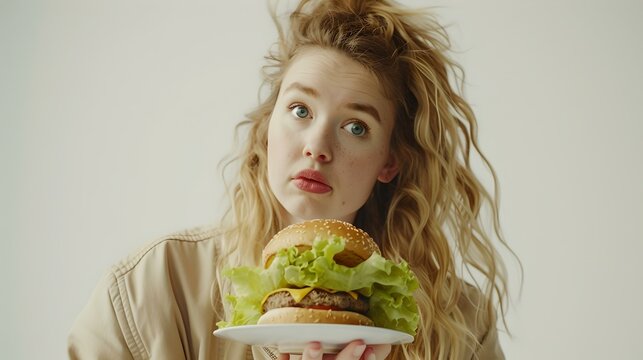 Young woman pondering over a juicy burger. casual style, food choices concept. healthy vs unhealthy. lifestyle image. portrait orientation. AI