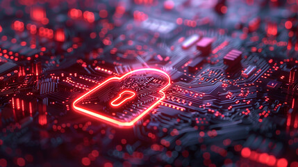 Red data protection padlock in circuit board, cybersecurity concept
