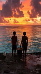 Two boys stand on the edge of the water. Generative AI.