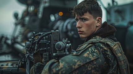Focused soldier with camouflage gear holding a rifle. military action scene portrait. young warrior on duty. dramatic and intense atmosphere. AI