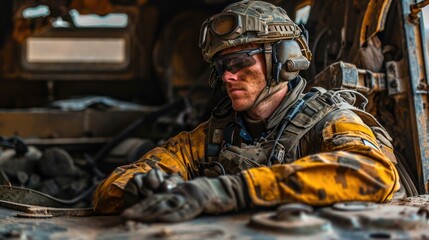 Fototapeta premium A soldier in the desert wearing goggles and a helmet. Generative AI.