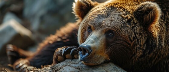 A brown bear laying on a rock. Generative AI.