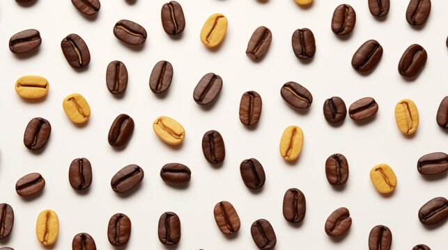 Coffee beans are arranged in a pattern on a white surface. Generative AI.