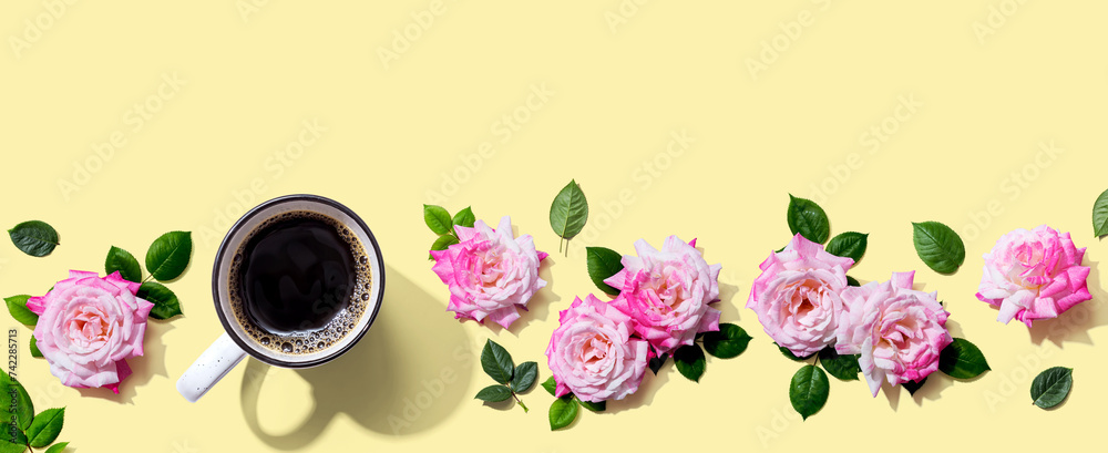 Sticker Coffee with pink roses overhead view