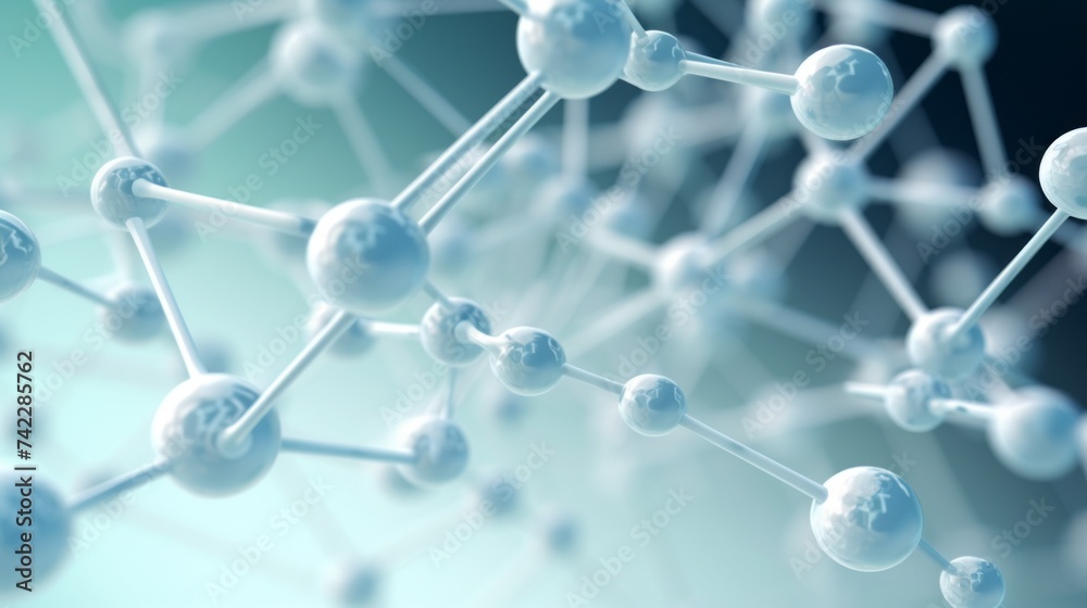 Poster Close-up of an abstract structure of a white molecule with atoms on a light blue background. Science, neural connections, DNA, microbiology, Genetics, biology concepts.