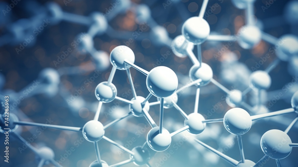 Poster close-up of an abstract structure of a white molecule with atoms on a light blue background. science