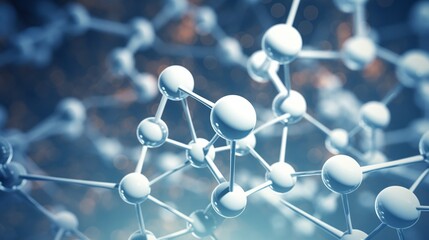Close-up of an abstract structure of a white molecule with atoms on a light blue background. Science, neural connections, DNA, microbiology, Genetics, biology concepts.