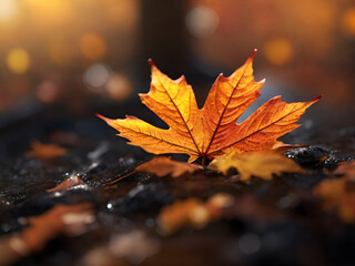 Autumn maple leaf on a wet stone in the rain. Autumn background