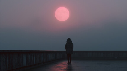 Fototapeta premium Cinematic Rain: Mysterious Figure under a Soft Pink Moon 