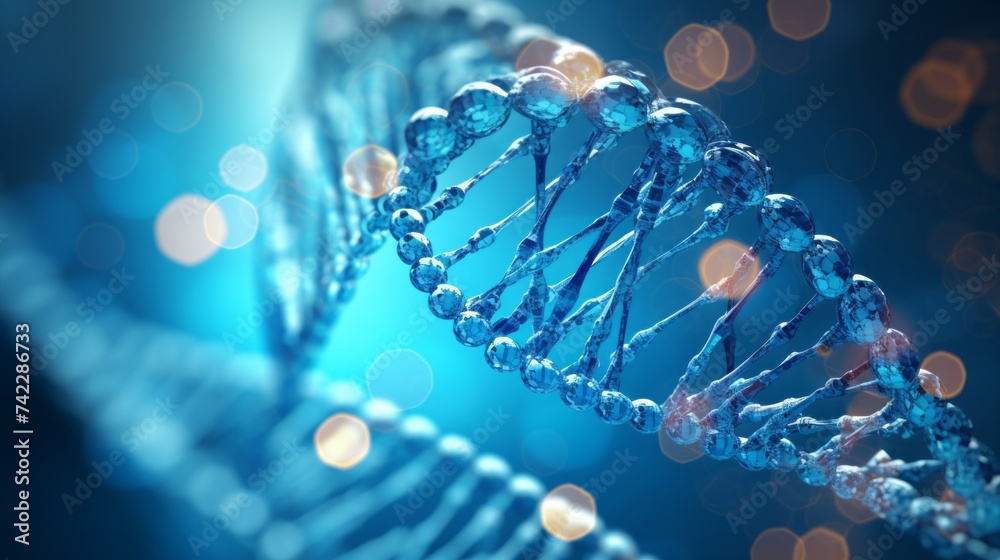 Poster Close-up of an abstract DNA helix structure with molecules and atoms on a blue background. Science, neural connections, microbiology, Genetics, biology concepts.