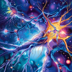 A vivid depiction of a neurological synapse at workStylized interpretation of neural networks within the brain