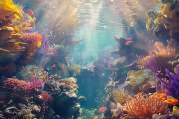 Fototapeta na wymiar An underwater garden with coral reefs colorful marine life and sun rays penetrating the water surface