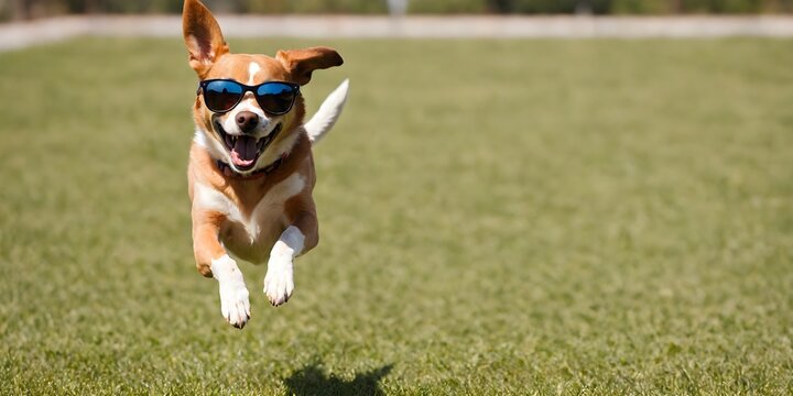 Portrait of a joyful jumping dog in sunglasses against a light background. Promotional banner with copy space. Creative animal concept.