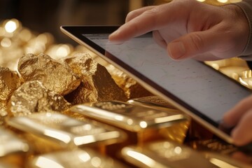Close-up of an investor's hands using a tablet to analyze the gold market, with gold bars in the background symbolizing wealth.