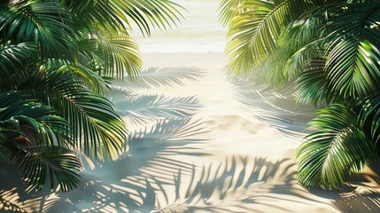 Realistic coconut leaves sway against the backdrop of a white sand beach, capturing the essence of tropical serenity.