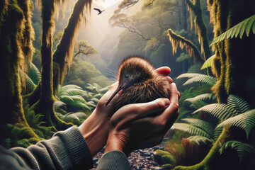 A poignant moment in New Zealand's natural habitat, featuring a woman's hands gently holding a kiwi bird as part of a 'Save the Kiwi' conservation effort.