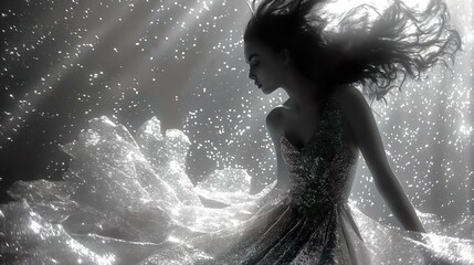 A girl in a shiny dress underwater. Generated AI