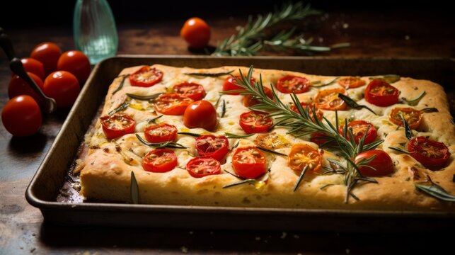Generative AI Focaccia bread adorned with cherry tomatoes, rosemary, and olive oil, resting on a rustic baking stone